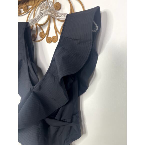 DAVI & DANI Women's Solid Ruffle Sleeve Tie Front One Piece Swimsuit Black - Picture 4 of 10